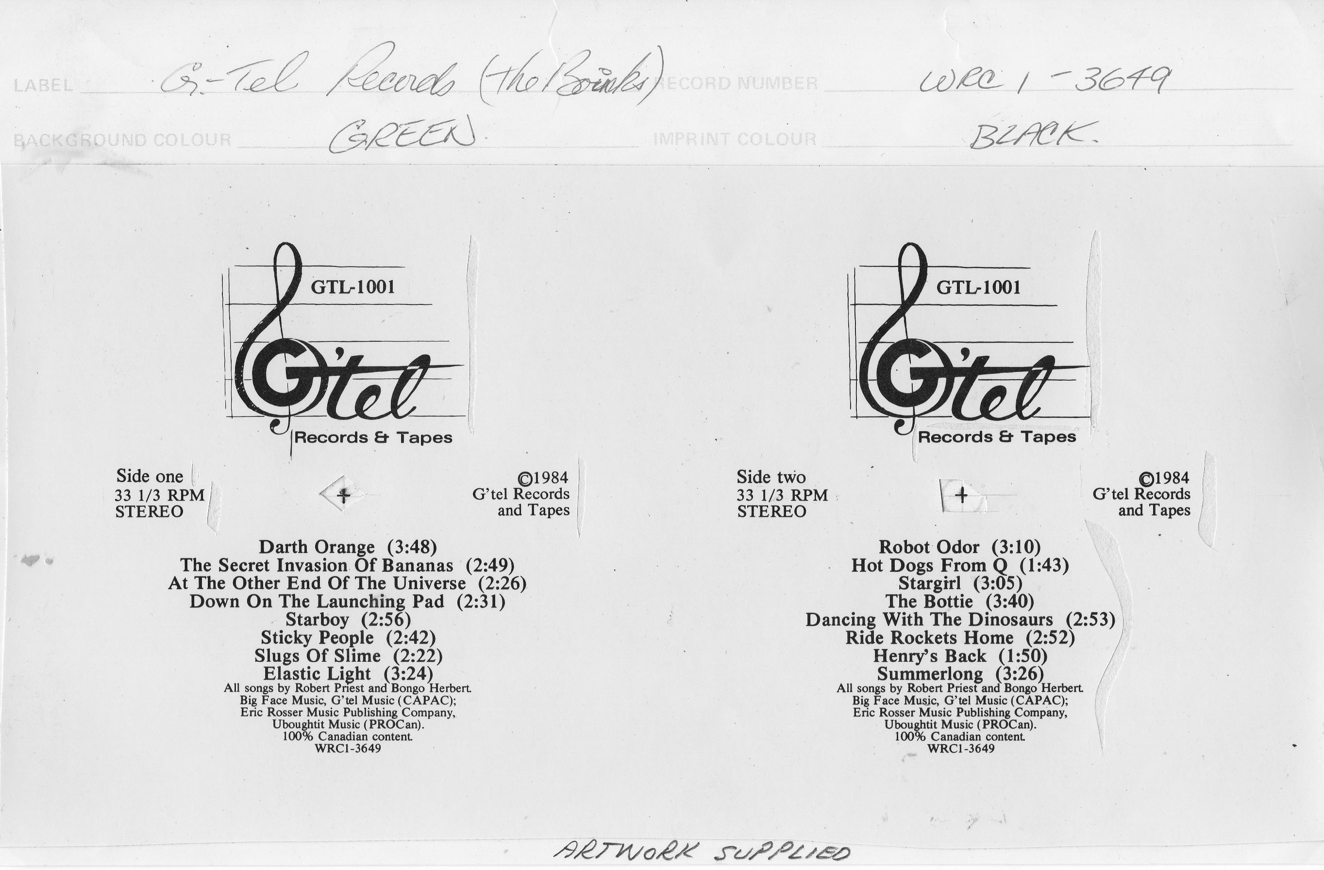 Artwork for the LP label, 1984